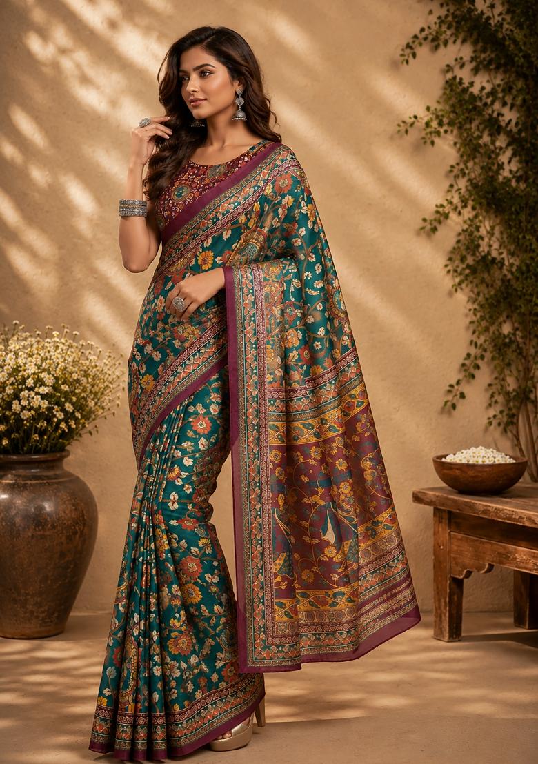 Peacock Green Floral Print Chanderi Saree Set - Indya