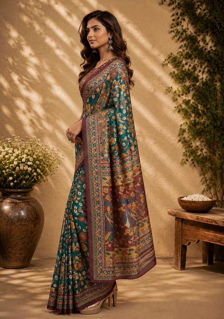 Peacock Green Floral Print Chanderi Saree Set for Diwali and Festive Wear - Indya