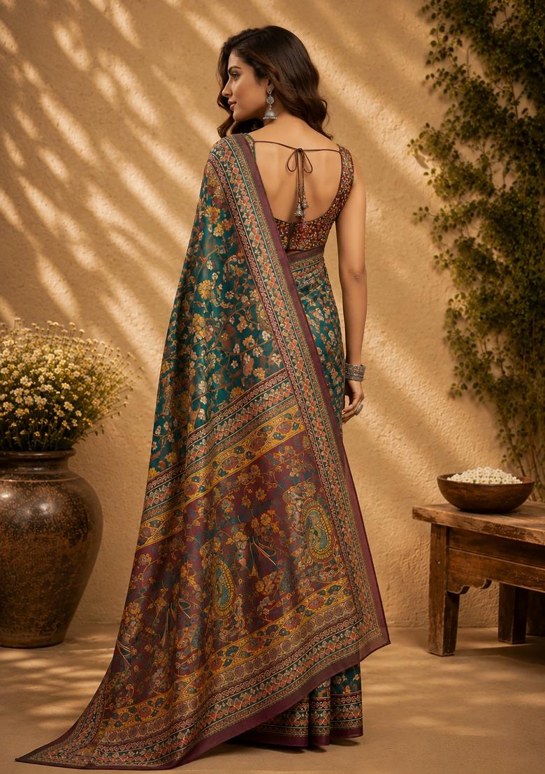 Peacock Green Floral Print Chanderi Saree Set - Indya