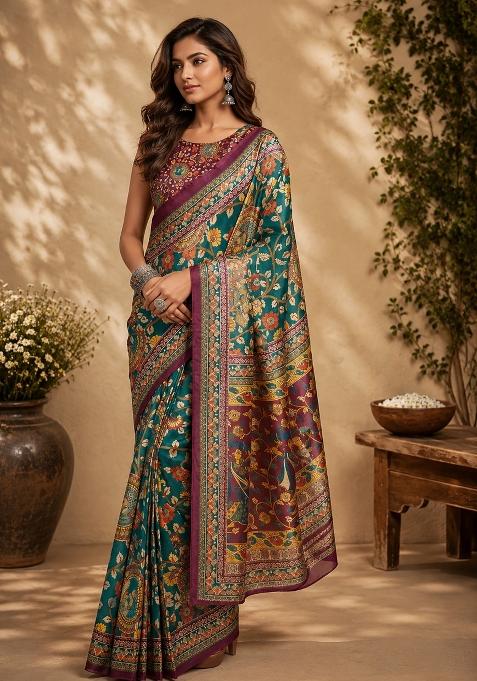 Peacock Green Floral Print Chanderi Saree Set