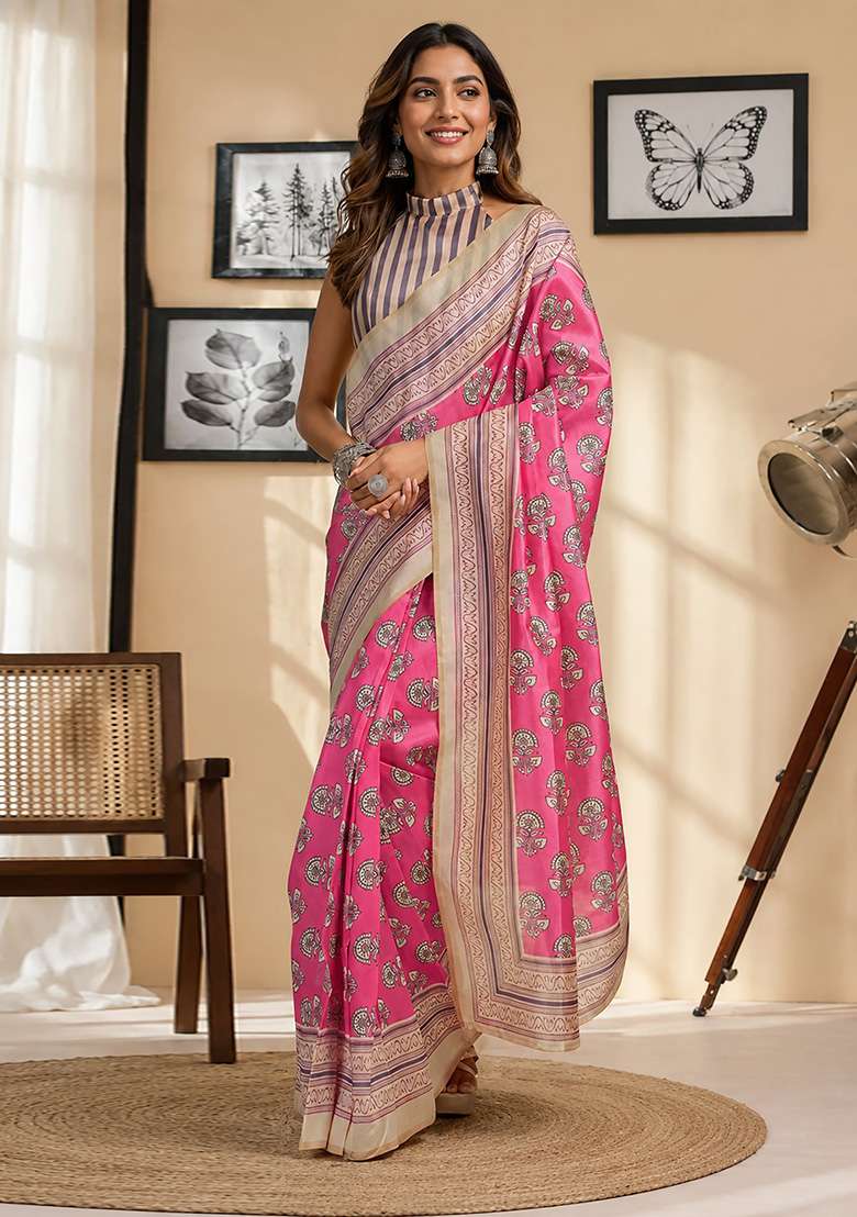 Light Pink Chanderi Saree Set with Floral Print for Diwali | Wedding & Festive Wear - Indya