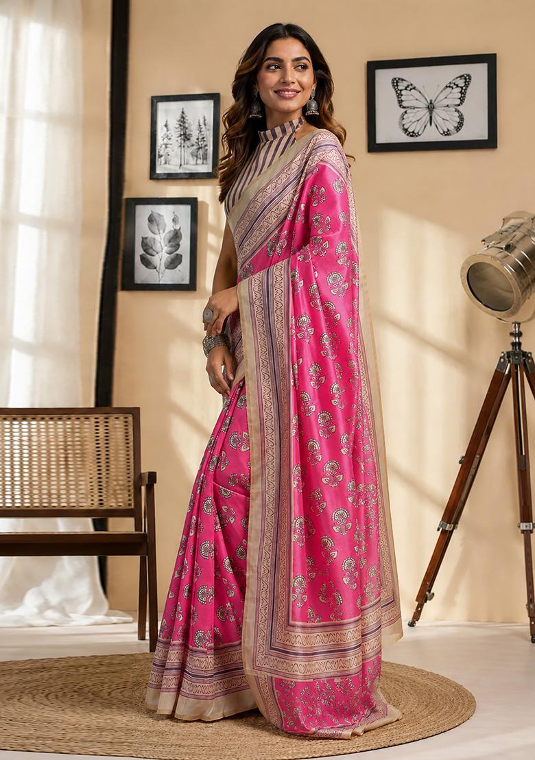 Light Pink Floral Print Chanderi Saree Set - Indya