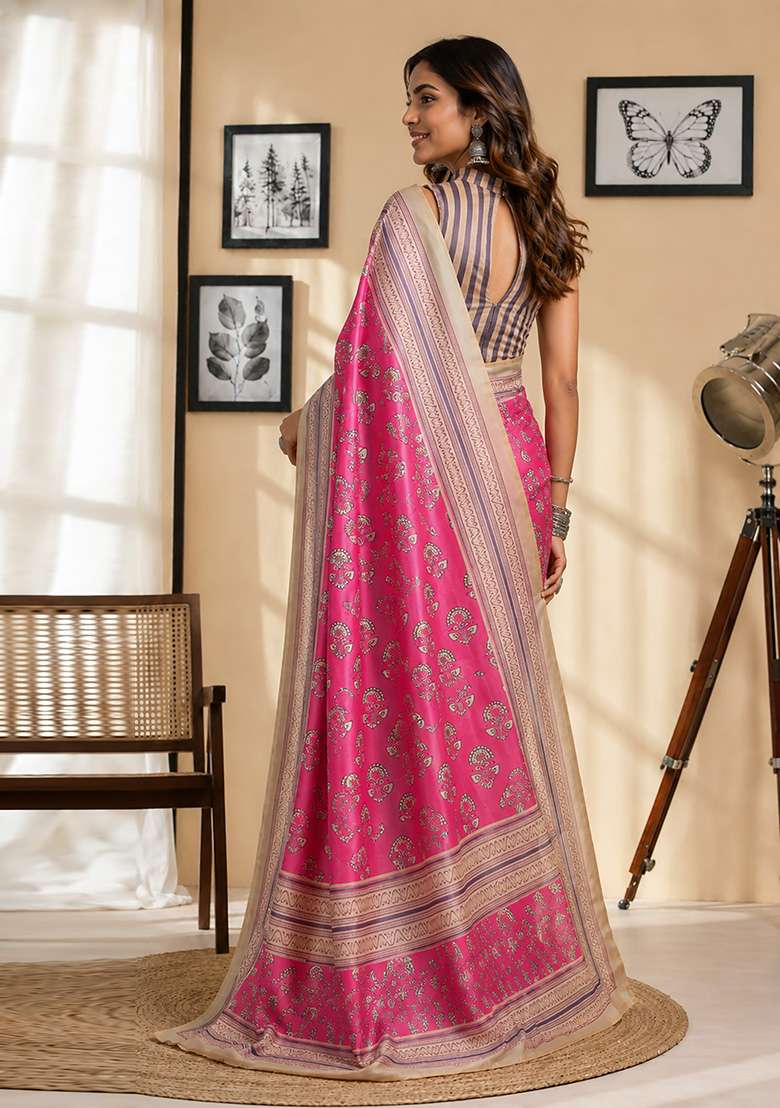Light Pink Chanderi Saree Set with Floral Print for Diwali | Wedding & Festive Wear - Indya
