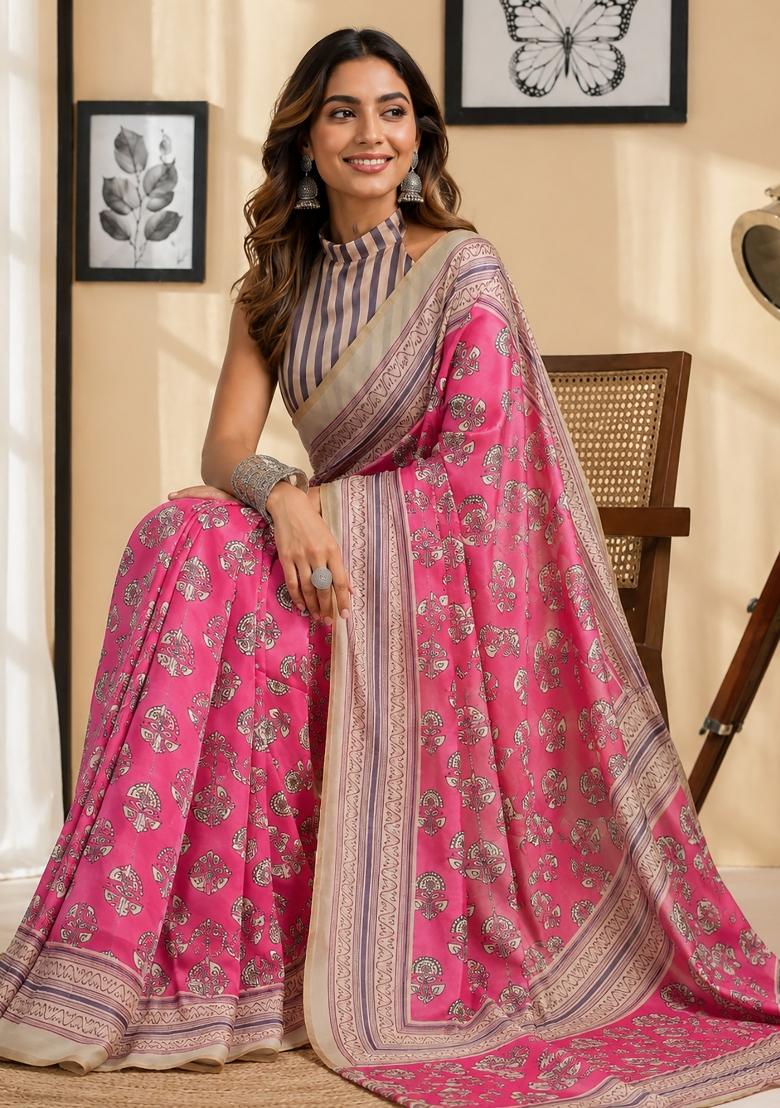 Light Pink Floral Print Chanderi Saree Set - Indya