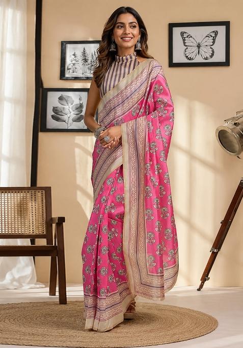 Light Pink Floral Print Chanderi Saree Set
