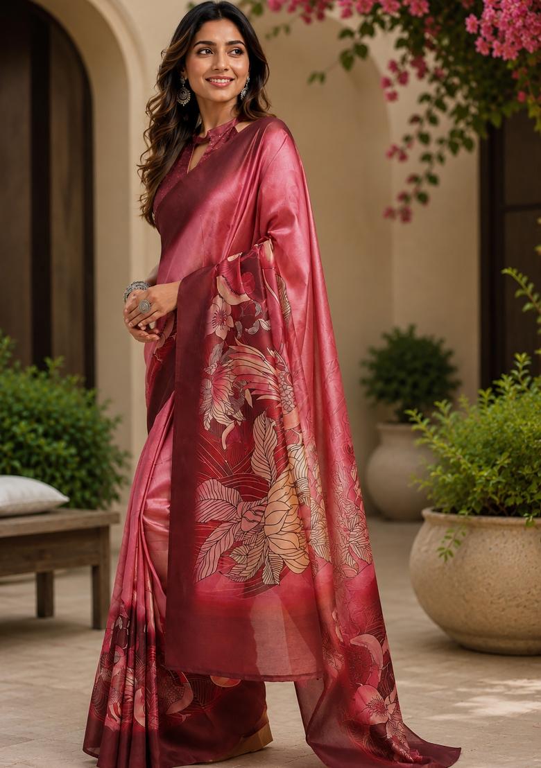 Onion Pink Floral Print Chanderi Saree Set - Indya