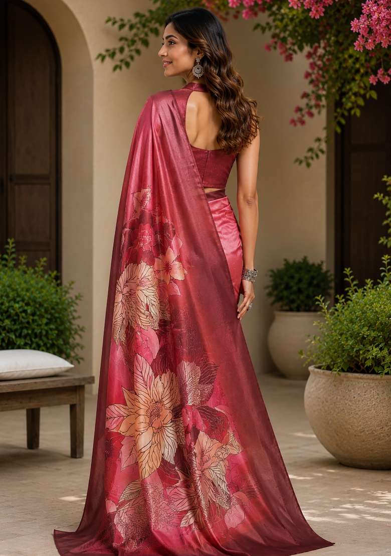 Onion Pink Chanderi Saree Set with Floral Print for Diwali | Wedding & Festive Wear - Indya