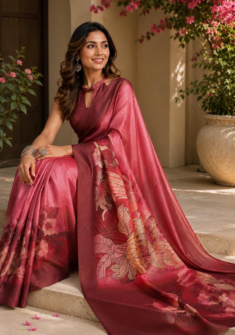 Onion Pink Floral Print Chanderi Saree Set - Indya