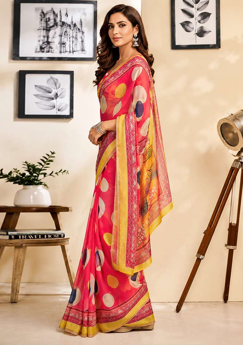 Pink Polka Dot Chanderi Saree Set for Diwali | Wedding & Festive Wear - Indya