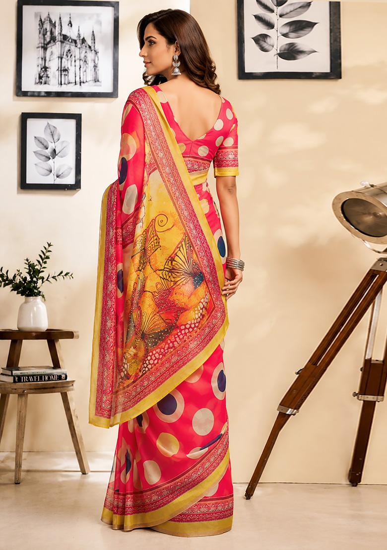 Pink Polka Dot Chanderi Saree Set - Indya