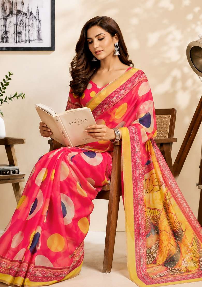 Pink Polka Dot Chanderi Saree Set for Diwali | Wedding & Festive Wear - Indya