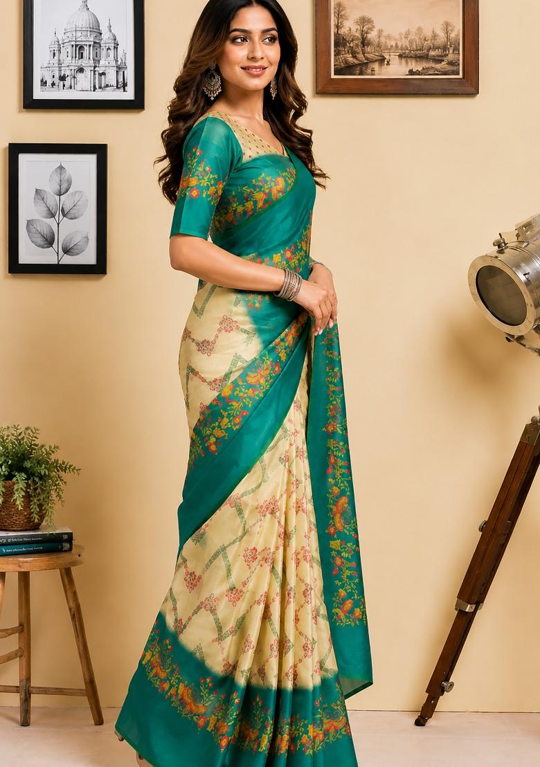 Cream And Rama Green Zigzag Chanderi Saree Set - Indya