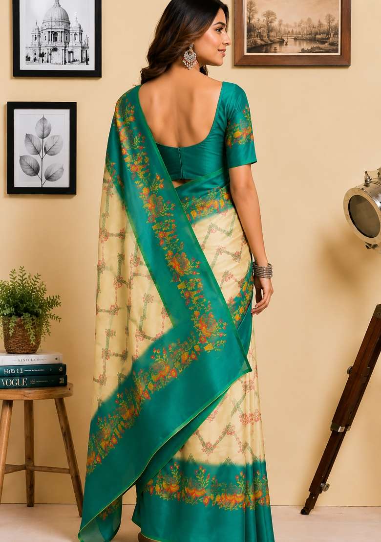 Cream And Rama Green Zigzag Chanderi Saree Set for Diwali and Festive Wear - Indya