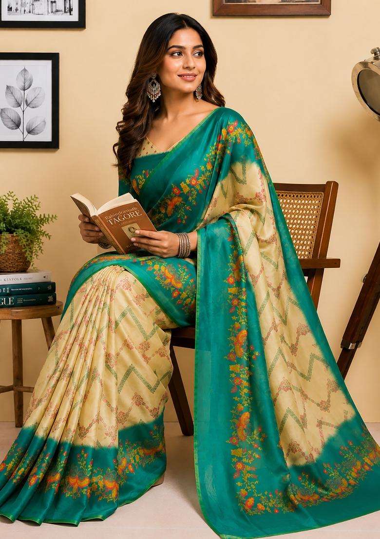 Cream And Rama Green Zigzag Chanderi Saree Set - Indya