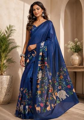 Navy Blue Kalamkari Chanderi Saree Set