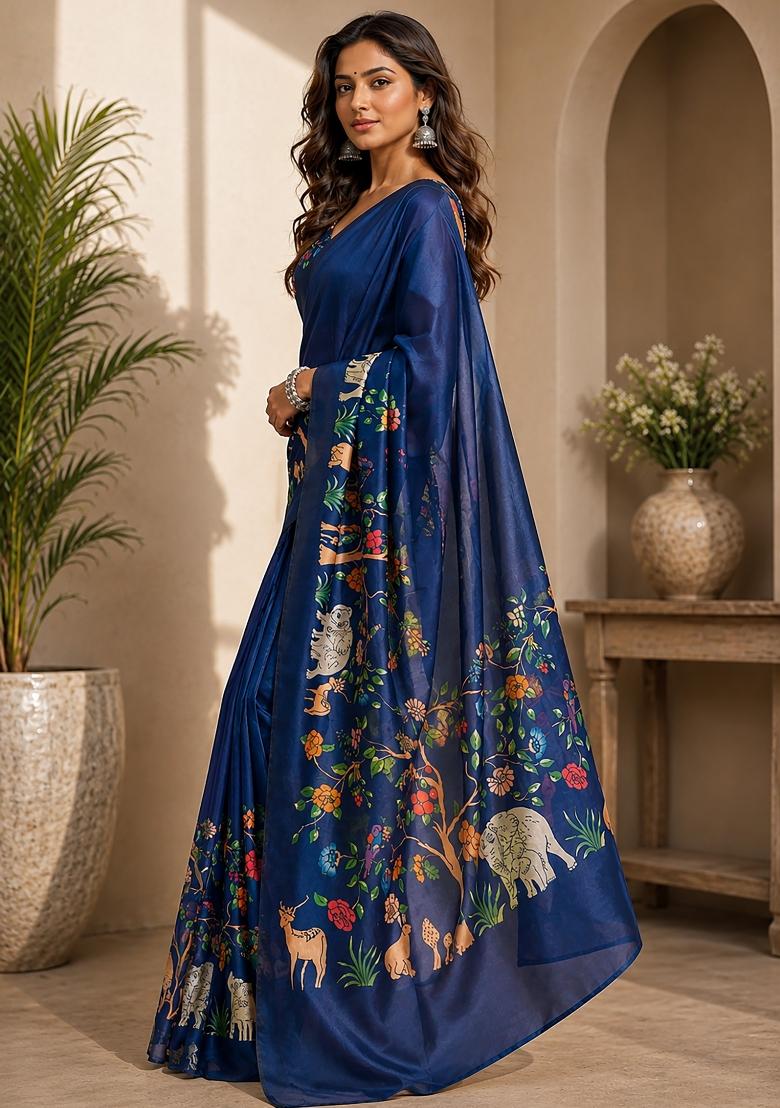 Navy Blue Kalamkari Chanderi Saree Set - Indya