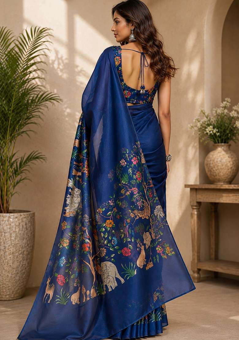 Navy Blue Kalamkari Chanderi Saree Set for Diwali and Festive Wear - Indya