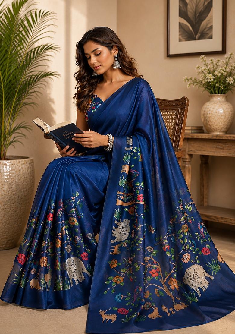 Navy Blue Kalamkari Chanderi Saree Set - Indya
