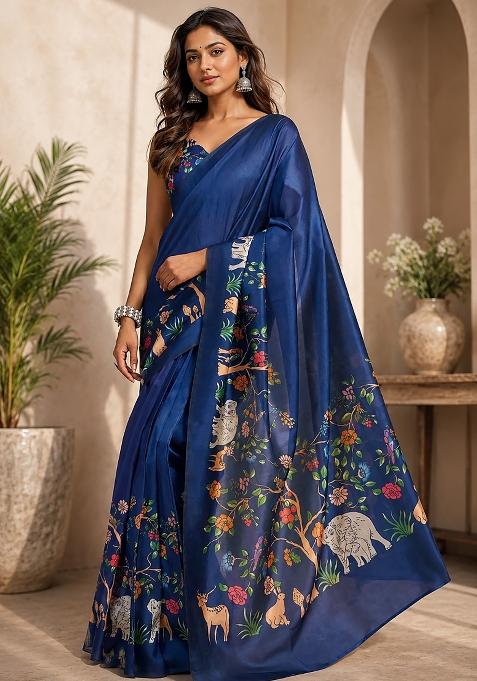 Navy Blue Kalamkari Chanderi Saree Set