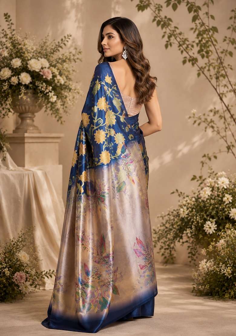 Navy Blue Floral Print Chanderi Saree Set for Diwali and Festive Wear - Indya
