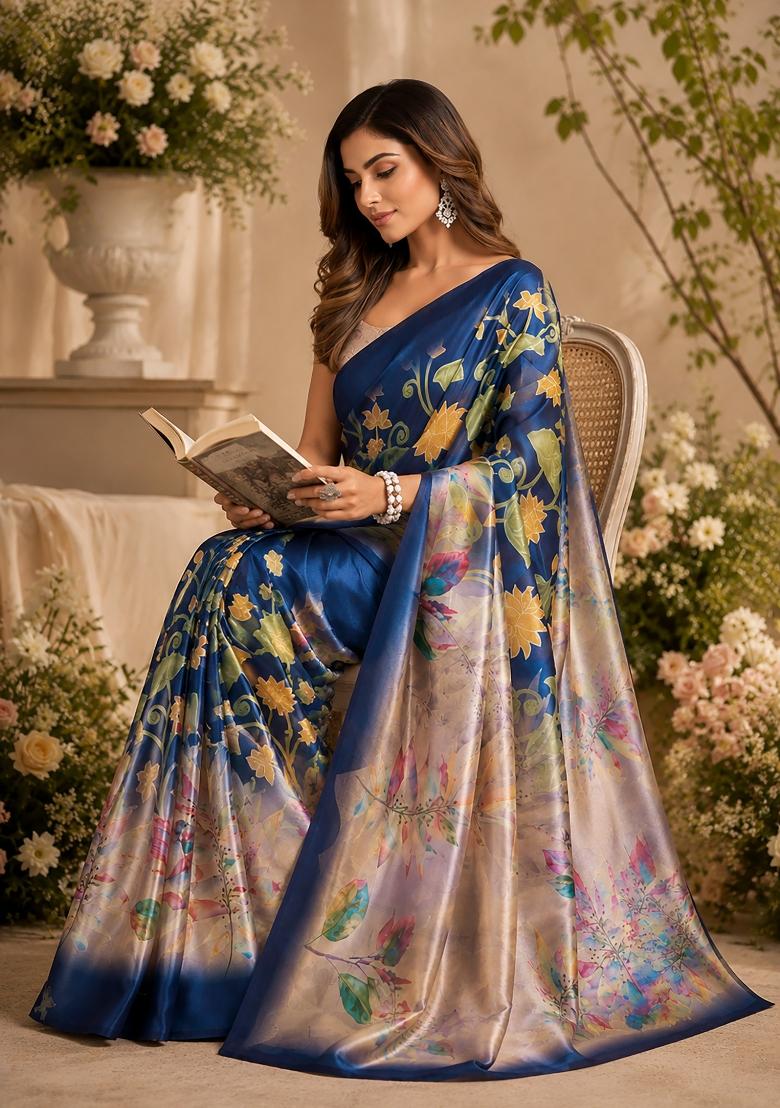 Navy Blue Floral Print Chanderi Saree Set - Indya