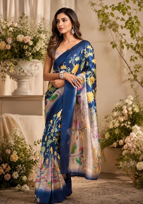 Navy Blue Floral Print Chanderi Saree Set