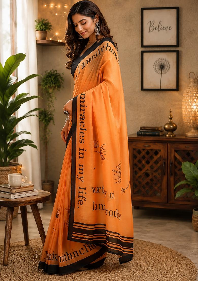 Orange Floral Print Chanderi Saree Set - Indya