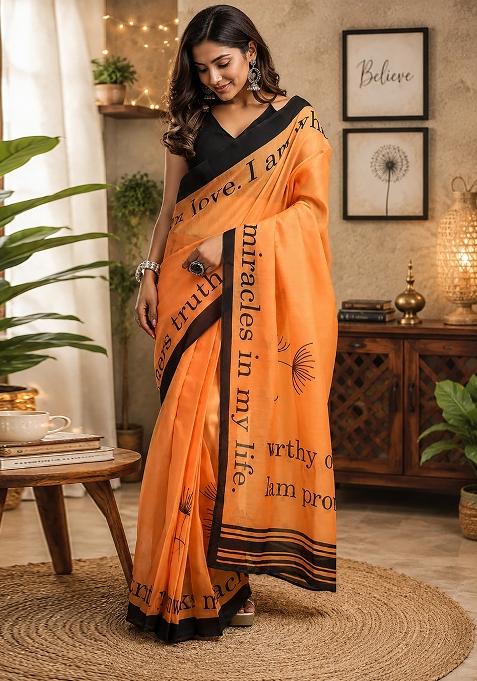 Orange Floral Print Chanderi Saree Set