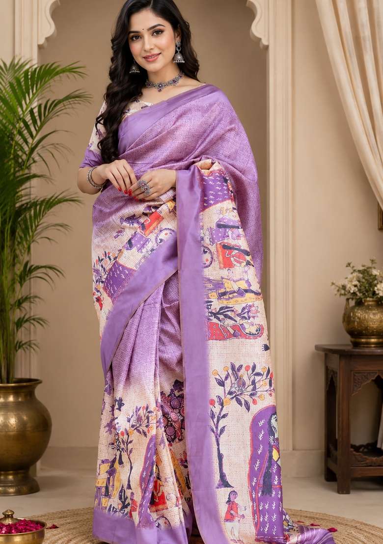 Lavender Floral Print Chanderi Saree Set for Diwali and Festive Wear - Indya
