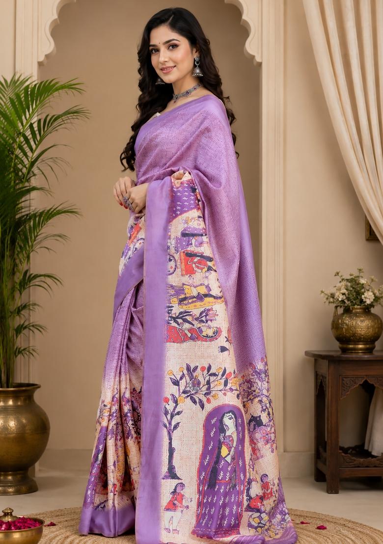 Lavender Floral Print Chanderi Saree Set - Indya