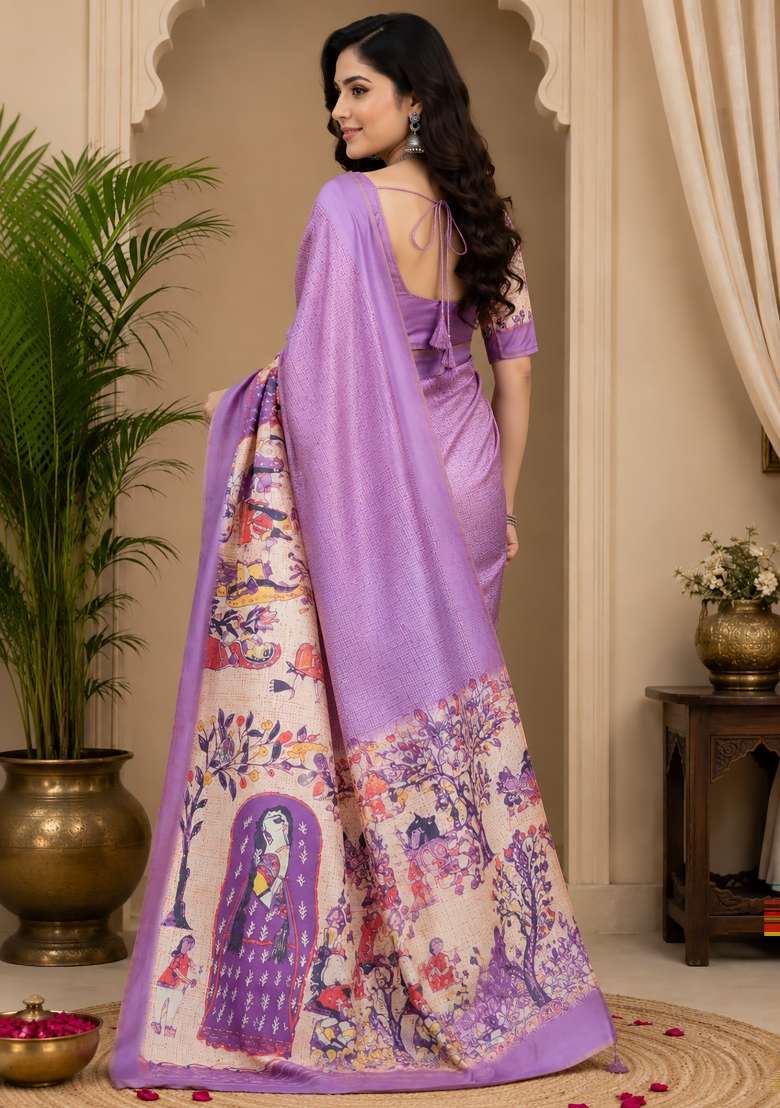 Lavender Floral Print Chanderi Saree Set for Diwali and Festive Wear - Indya