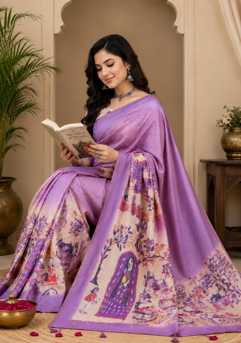 Lavender Floral Print Chanderi Saree Set - Indya