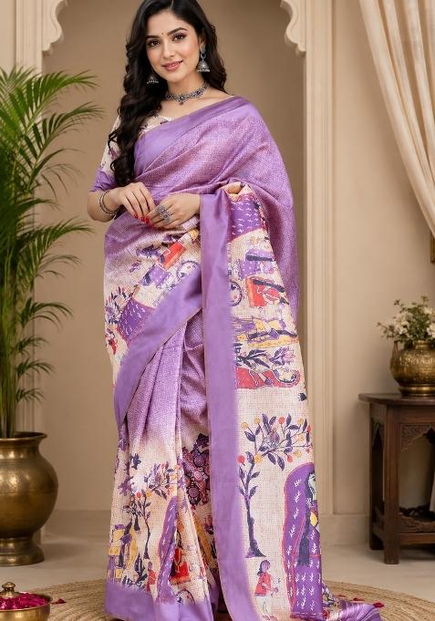 Lavender Floral Print Chanderi Saree Set