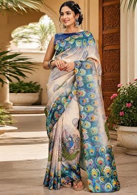 Cream Peacock Feather Chanderi Saree Set