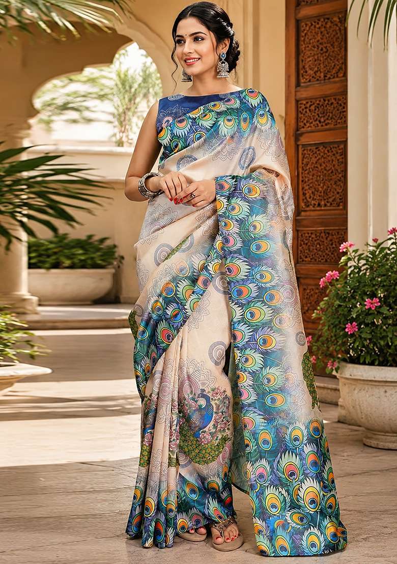 Cream Peacock Feather Chanderi Saree Set for Diwali and Festive Wear - Indya