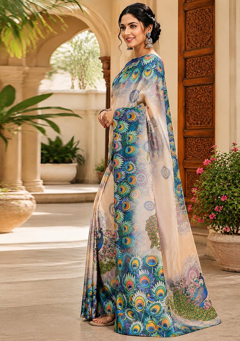 Cream Peacock Feather Chanderi Saree Set - Indya