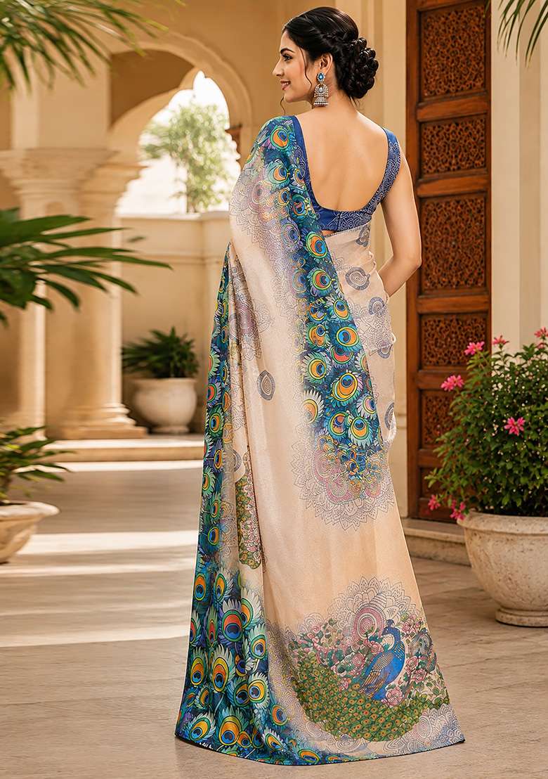 Cream Peacock Feather Chanderi Saree Set for Diwali and Festive Wear - Indya