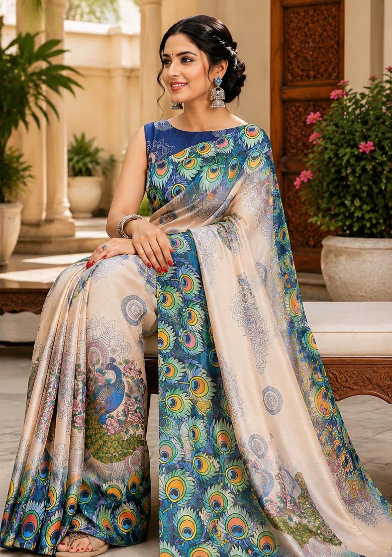 Cream Peacock Feather Chanderi Saree Set - Indya