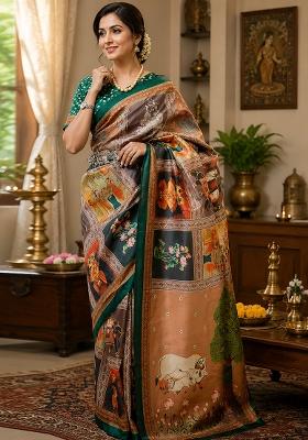 Multicolor Kamdhenu Grid Chanderi Saree Set