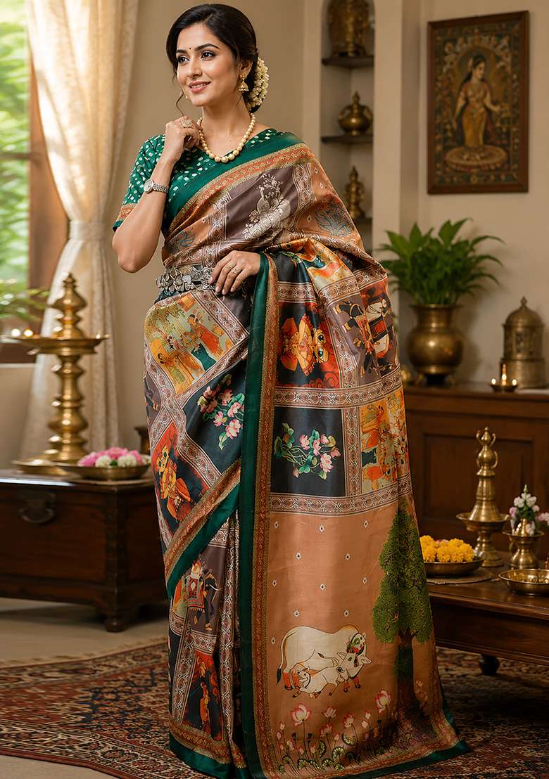 Multicolor Kamdhenu Grid Chanderi Saree Set for Diwali | Wedding & Festive Wear - Indya