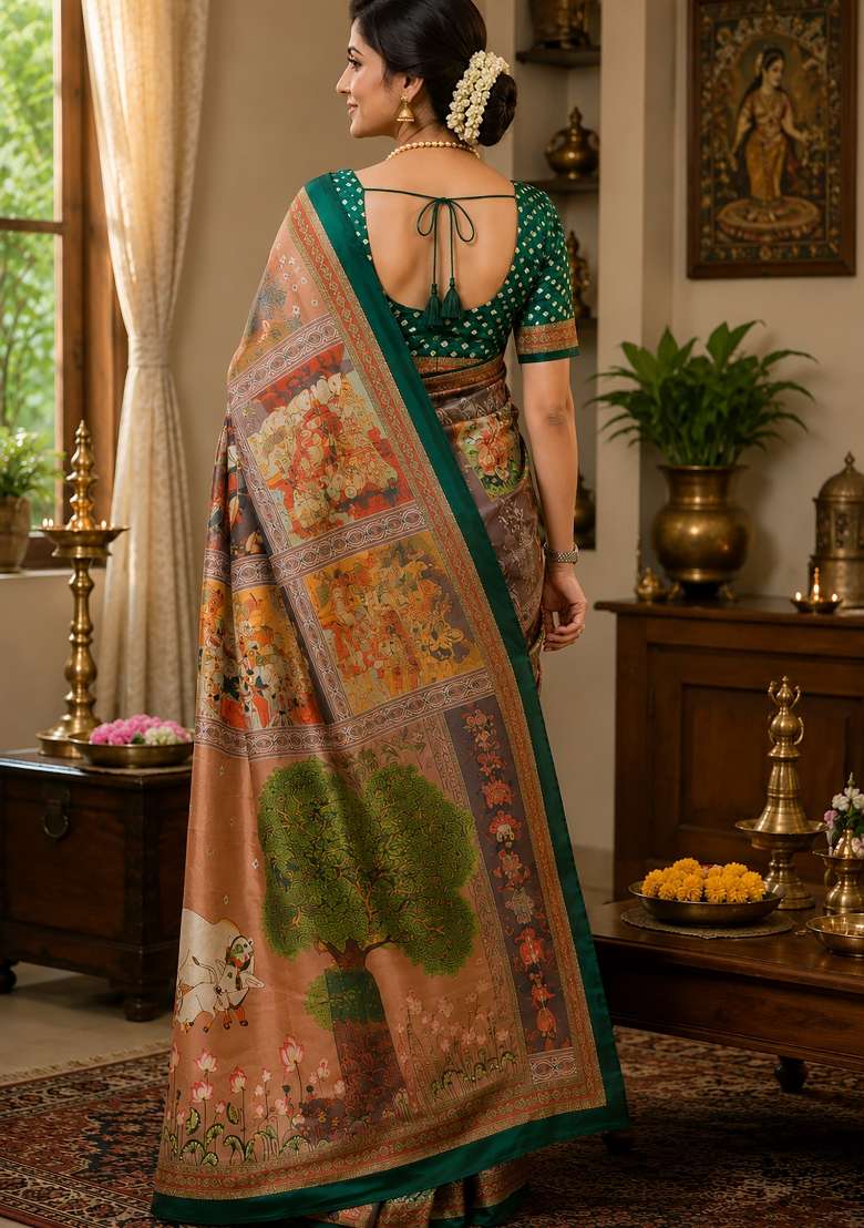 Multicolor Kamdhenu Grid Chanderi Saree Set for Diwali | Wedding & Festive Wear - Indya