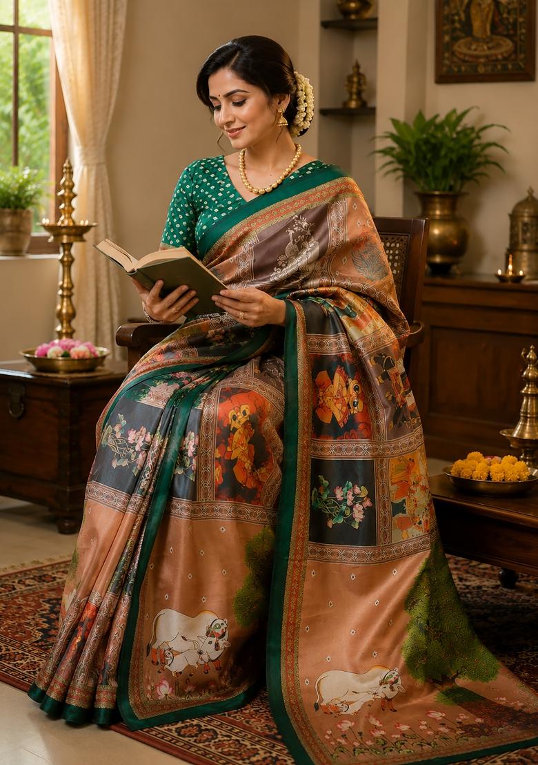 Multicolor Kamdhenu Grid Chanderi Saree Set - Indya