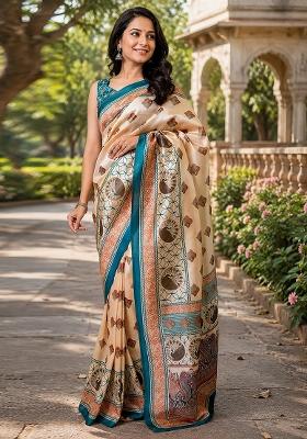 Beige Printed Chanderi Saree Set
