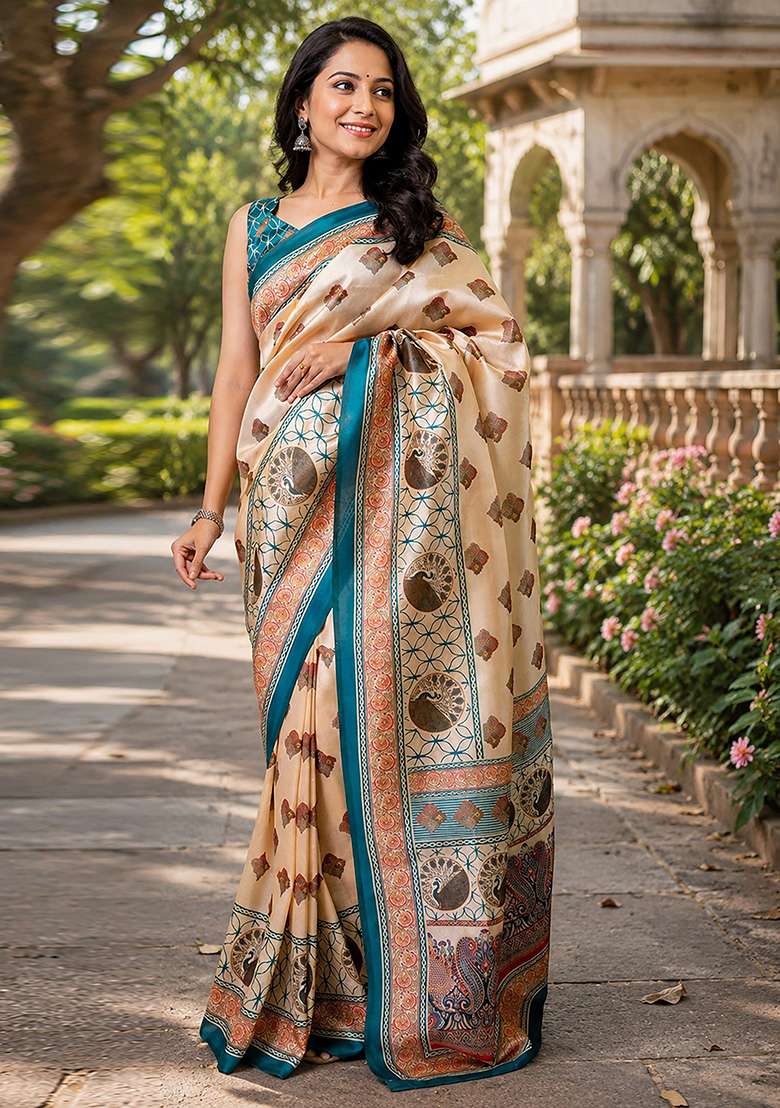 Beige Printed Chanderi Saree Set for Diwali and Festive Wear - Indya