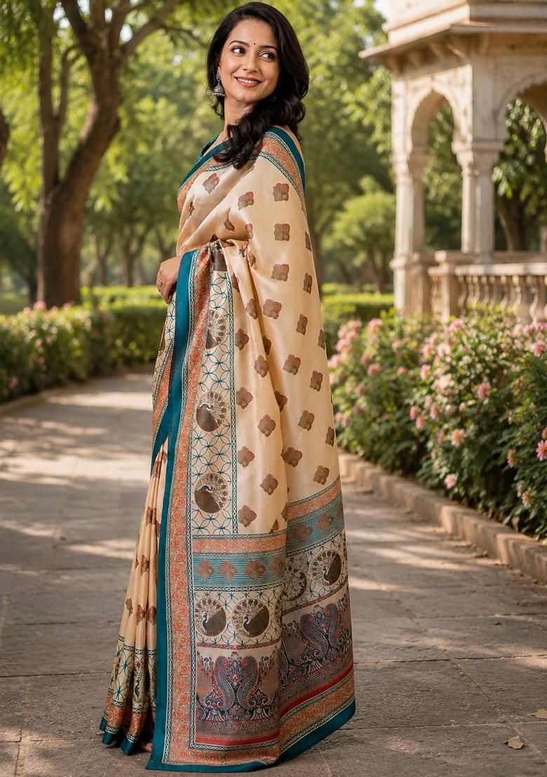 Beige Printed Chanderi Saree Set - Indya