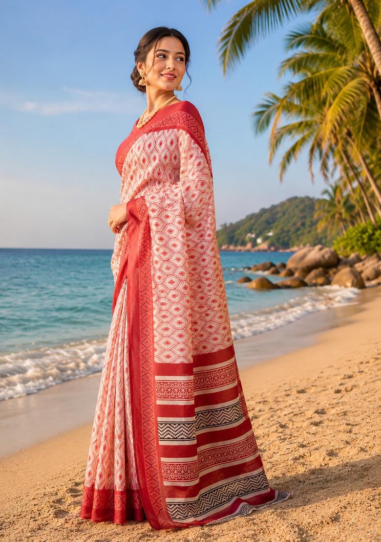 Off White Ikat Chanderi Saree Set - Indya