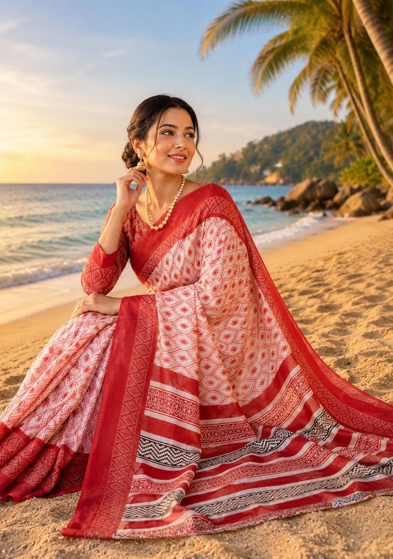 Off White Ikat Chanderi Saree Set - Indya