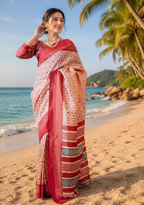 Off White Ikat Chanderi Saree Set