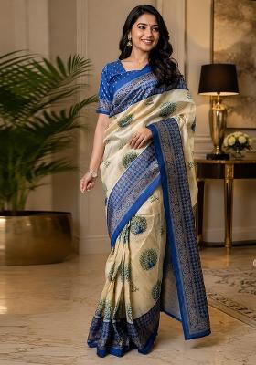 Cream Peacock Feather Chanderi Saree Set