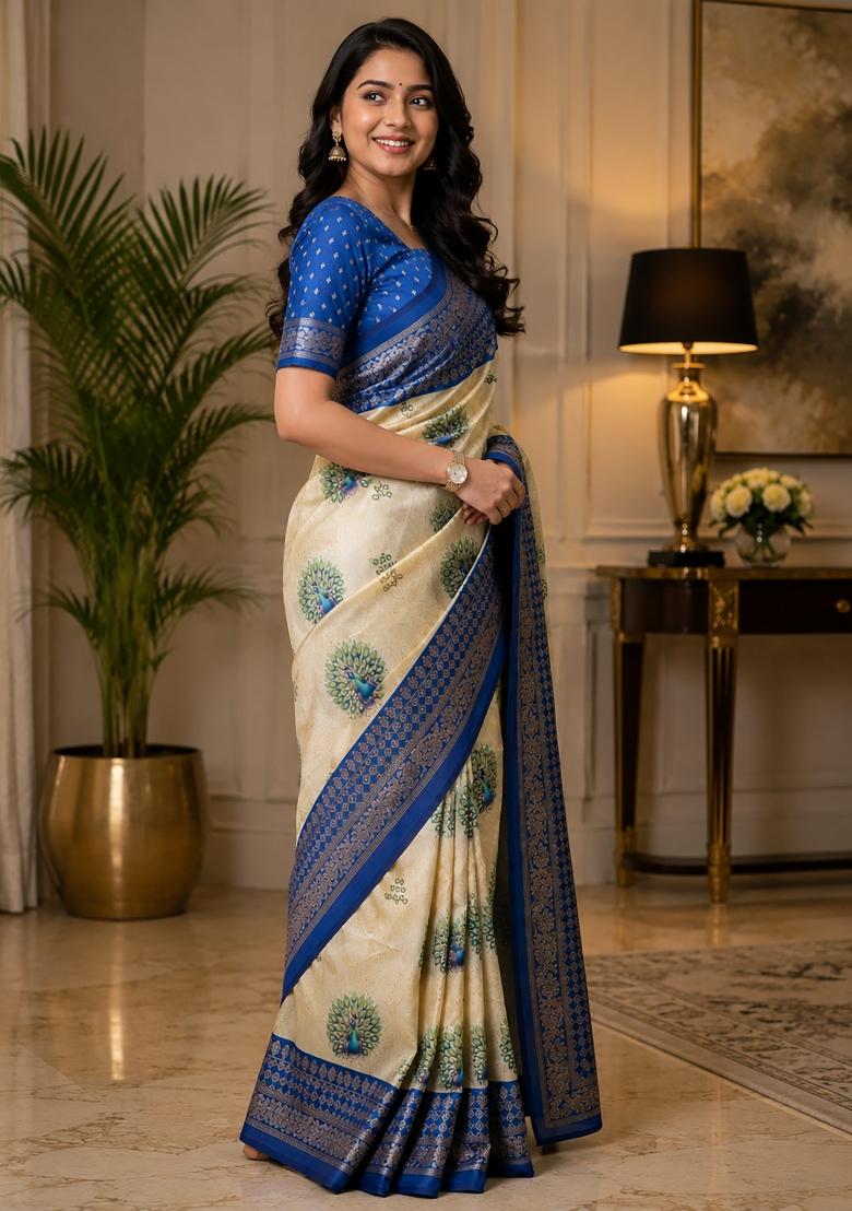 Cream Peacock Feather Chanderi Saree Set - Indya